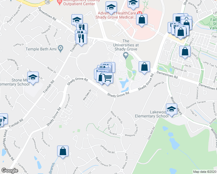 map of restaurants, bars, coffee shops, grocery stores, and more near 9719 Traville Gateway Drive in Rockville