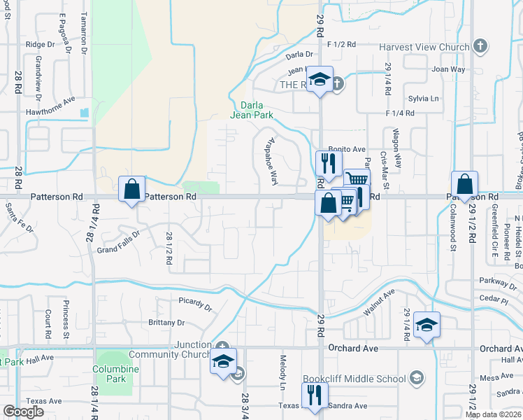 map of restaurants, bars, coffee shops, grocery stores, and more near 598 West Indian Creek Drive in Grand Junction