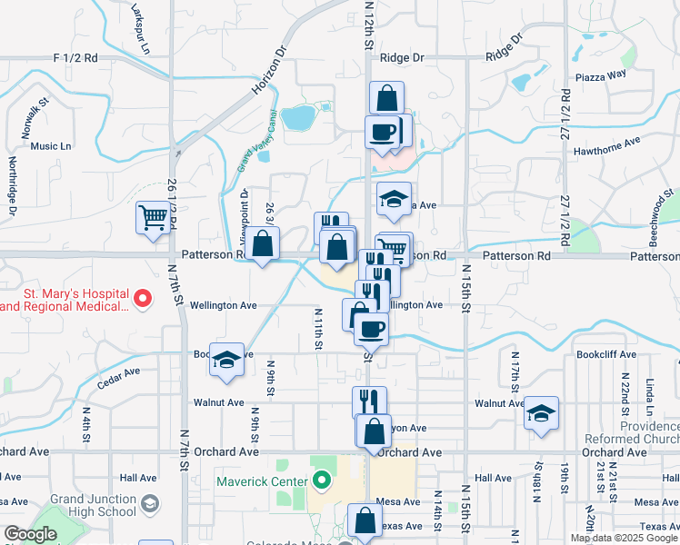 map of restaurants, bars, coffee shops, grocery stores, and more near 1133 Patterson Road in Grand Junction