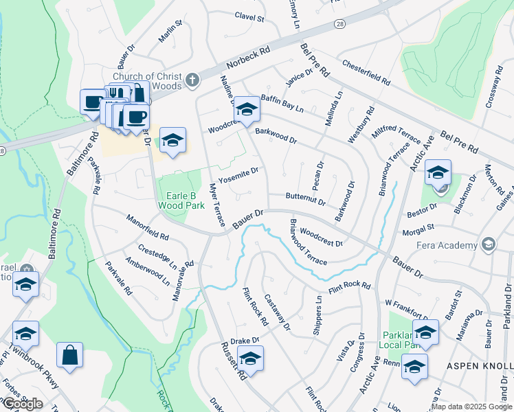 map of restaurants, bars, coffee shops, grocery stores, and more near 14413 Bauer Drive in Rockville