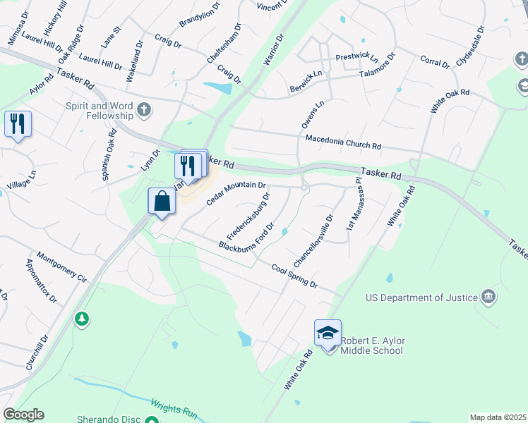 map of restaurants, bars, coffee shops, grocery stores, and more near 111 Fredericksburg Drive in Stephens City