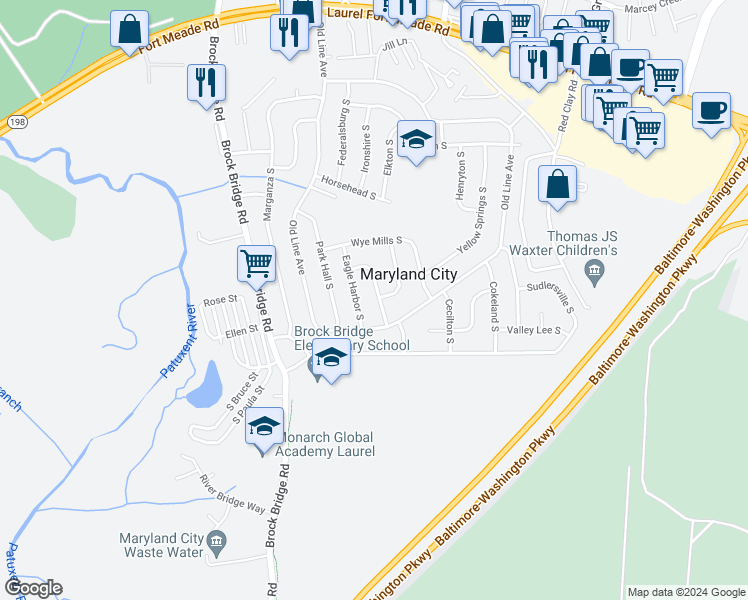 map of restaurants, bars, coffee shops, grocery stores, and more near 336 Ellerton South in Laurel