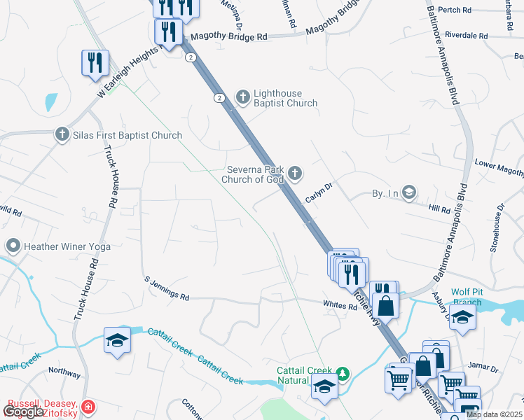 map of restaurants, bars, coffee shops, grocery stores, and more near 230 Ritchie Highway in Severna Park