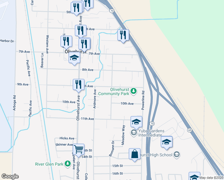 map of restaurants, bars, coffee shops, grocery stores, and more near 1894 9th Avenue in Olivehurst