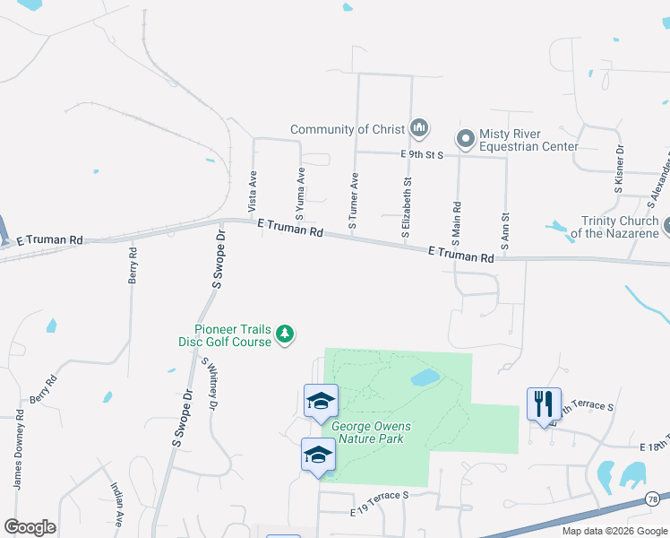 map of restaurants, bars, coffee shops, grocery stores, and more near 18405 East Truman Road in Independence