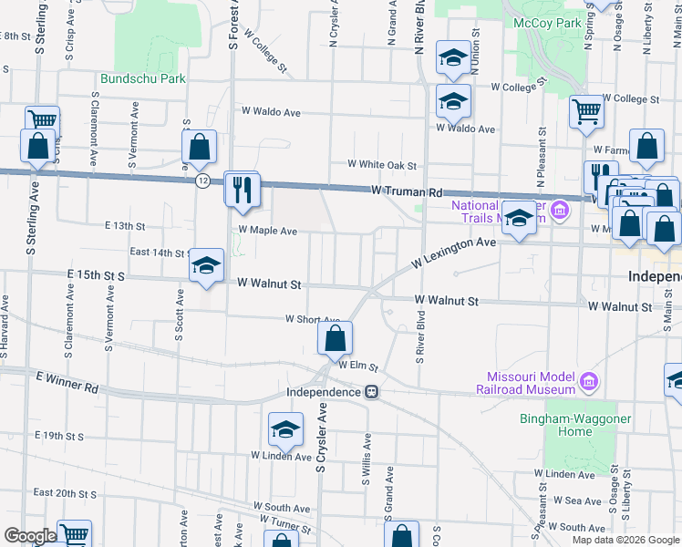 map of restaurants, bars, coffee shops, grocery stores, and more near 127 South Crysler Avenue in Independence