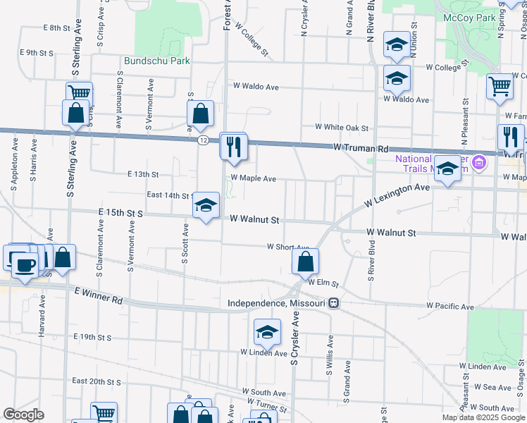 map of restaurants, bars, coffee shops, grocery stores, and more near 1415 West Maple Avenue in Independence