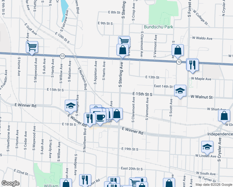 map of restaurants, bars, coffee shops, grocery stores, and more near 1434 South Sterling Avenue in Independence