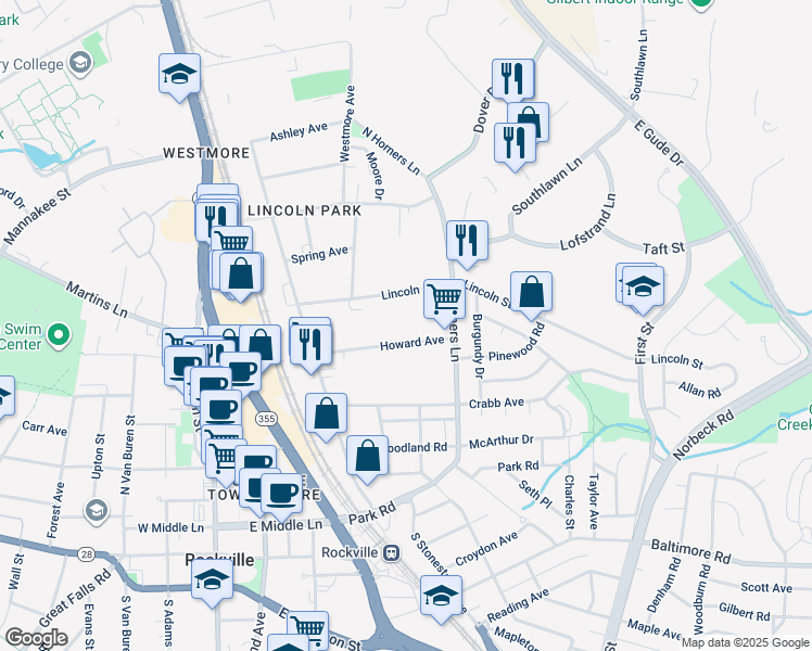 map of restaurants, bars, coffee shops, grocery stores, and more near 340 Howard Avenue in Rockville
