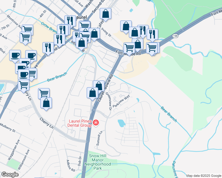 map of restaurants, bars, coffee shops, grocery stores, and more near 9307 Spring House Lane in Laurel