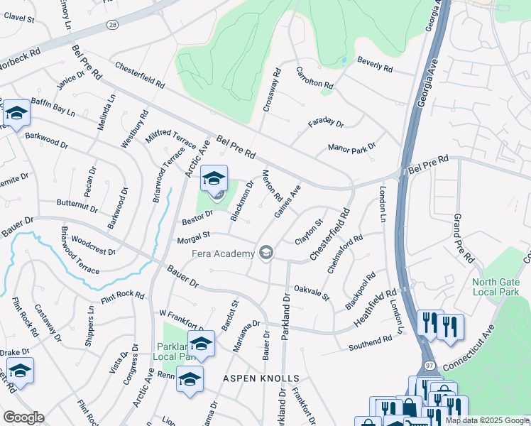 map of restaurants, bars, coffee shops, grocery stores, and more near 14303 Merton Court in Rockville