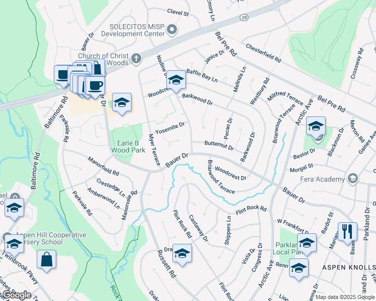 map of restaurants, bars, coffee shops, grocery stores, and more near 14411 Bauer Drive in Rockville