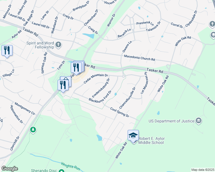 map of restaurants, bars, coffee shops, grocery stores, and more near 111 Fredericksburg Drive in Stephens City