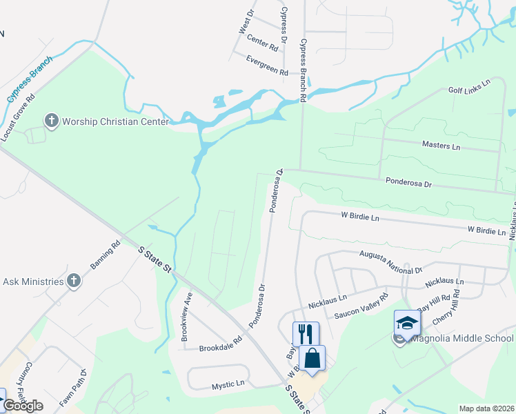 map of restaurants, bars, coffee shops, grocery stores, and more near 443 Ponderosa Drive in Magnolia