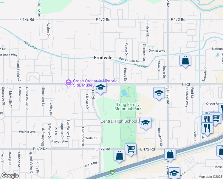 map of restaurants, bars, coffee shops, grocery stores, and more near 3105 F Road in Grand Junction