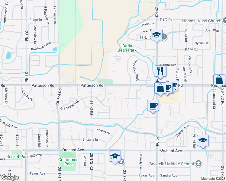 map of restaurants, bars, coffee shops, grocery stores, and more near 2863-2869 Patterson Road in Grand Junction