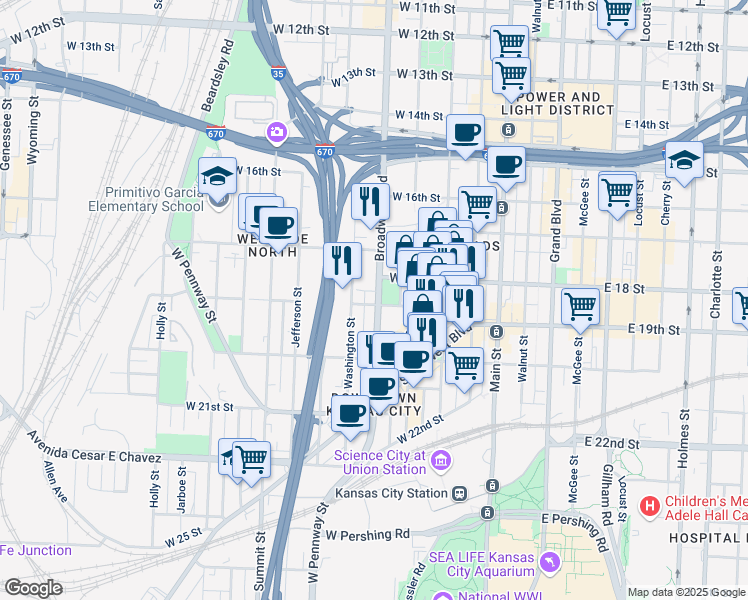 map of restaurants, bars, coffee shops, grocery stores, and more near 320 West 19 Terrace in Kansas City