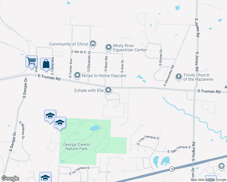 map of restaurants, bars, coffee shops, grocery stores, and more near 19000 East 12th Street South in Independence