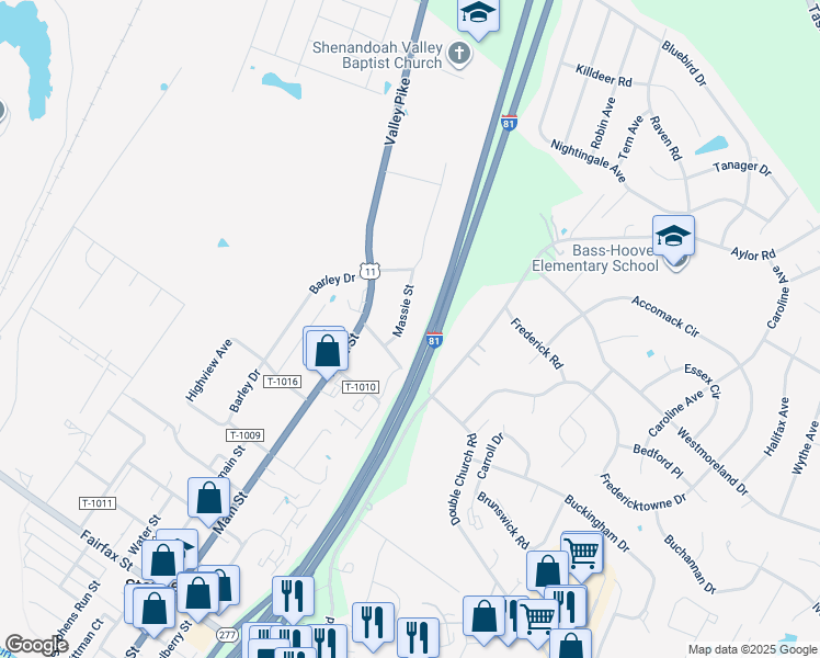 map of restaurants, bars, coffee shops, grocery stores, and more near 106 Massie Street in Stephens City