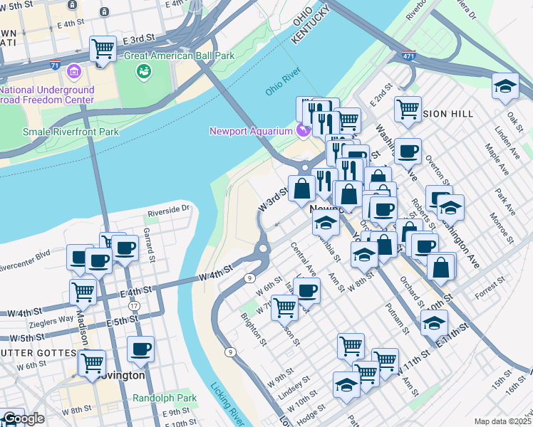 map of restaurants, bars, coffee shops, grocery stores, and more near 401 Central Avenue in Newport