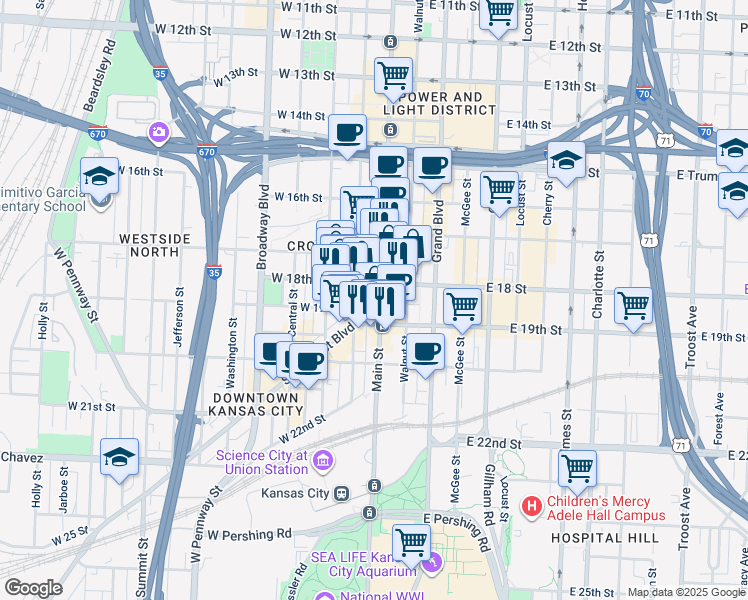 map of restaurants, bars, coffee shops, grocery stores, and more near 1808 Main Street in Kansas City