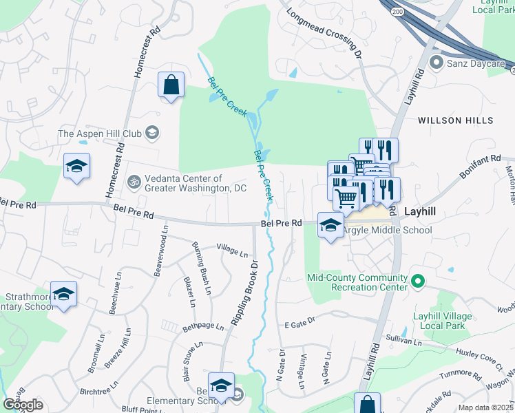 map of restaurants, bars, coffee shops, grocery stores, and more near 2601 Bel Pre Road in Silver Spring