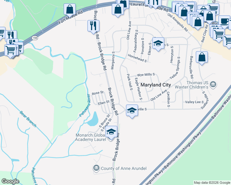 map of restaurants, bars, coffee shops, grocery stores, and more near 340 Marganza South in Laurel