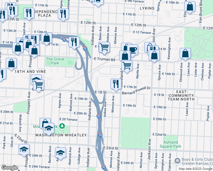 map of restaurants, bars, coffee shops, grocery stores, and more near 1700 Cleveland Avenue in Kansas City