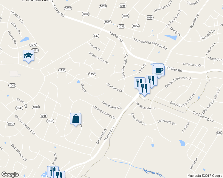 map of restaurants, bars, coffee shops, grocery stores, and more near 117 Shumard Court in Stephens City