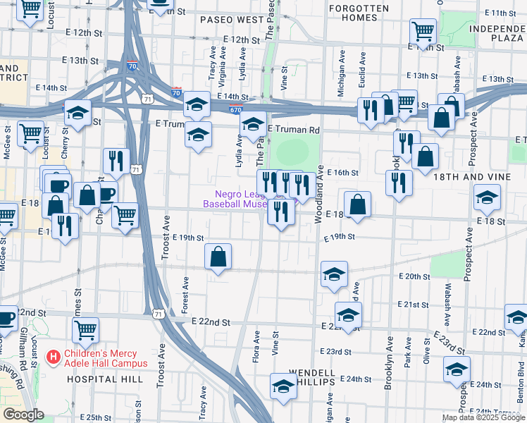 map of restaurants, bars, coffee shops, grocery stores, and more near 1516 East 18th Street in Kansas City