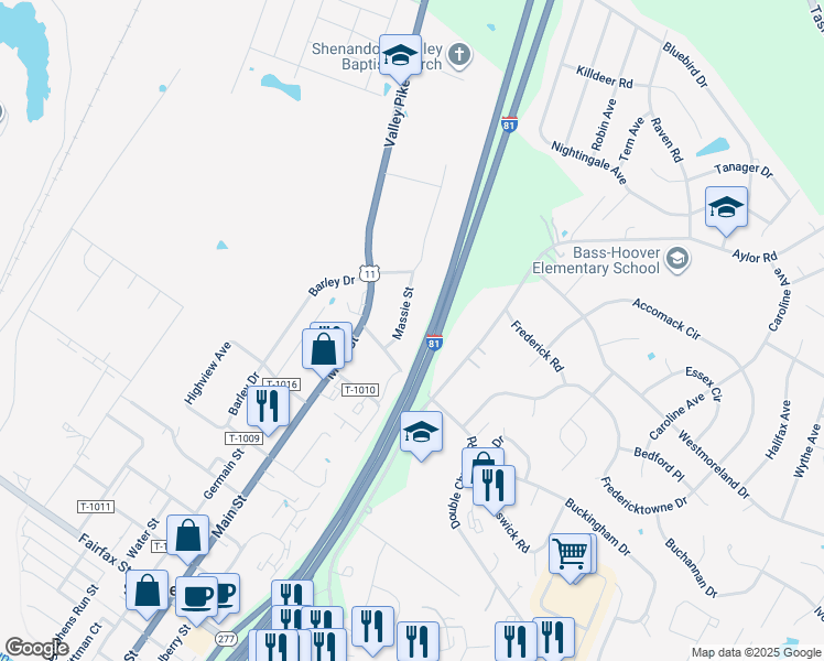 map of restaurants, bars, coffee shops, grocery stores, and more near 106 Massie Street in Stephens City