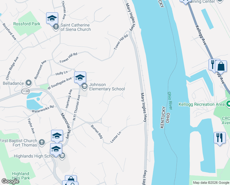 map of restaurants, bars, coffee shops, grocery stores, and more near 243 Riverside Parkway in Fort Thomas