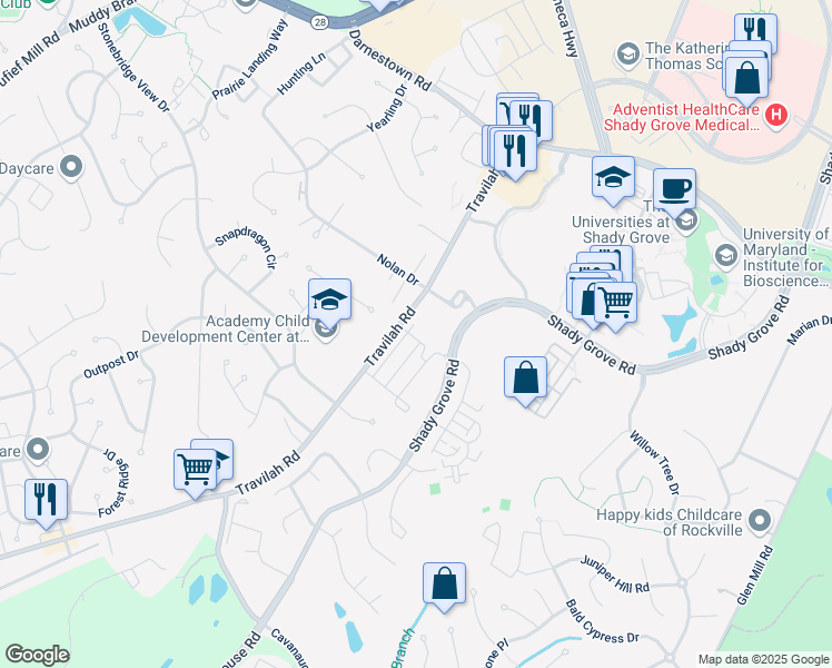 map of restaurants, bars, coffee shops, grocery stores, and more near 10221 Hilltop Ascent Drive in Rockville