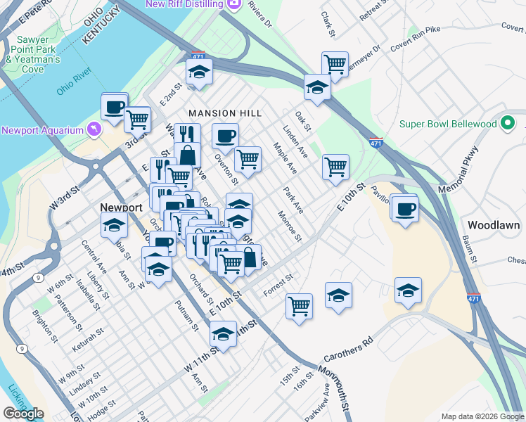 map of restaurants, bars, coffee shops, grocery stores, and more near 801 Overton Street in Newport