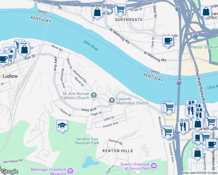 map of restaurants, bars, coffee shops, grocery stores, and more near 1228 Riverview Place in Covington