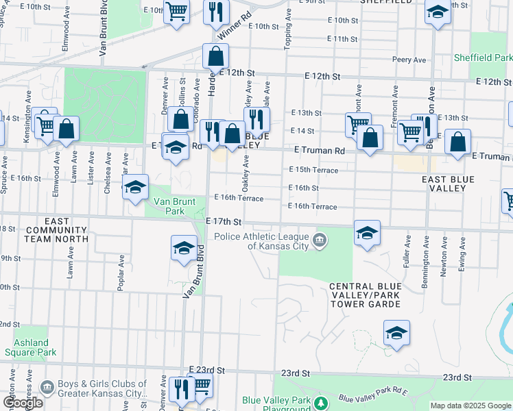 map of restaurants, bars, coffee shops, grocery stores, and more near 5611 East 16th Terrace in Kansas City