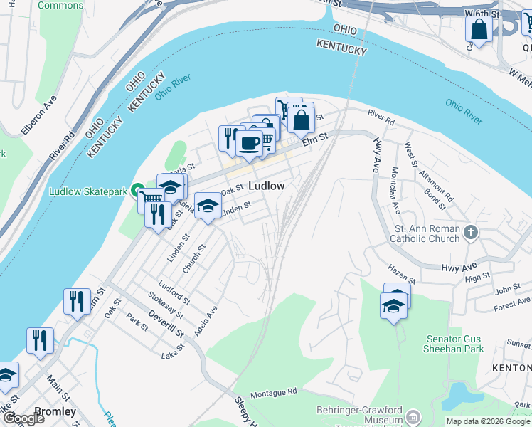 map of restaurants, bars, coffee shops, grocery stores, and more near 304 Poplar Street in Ludlow