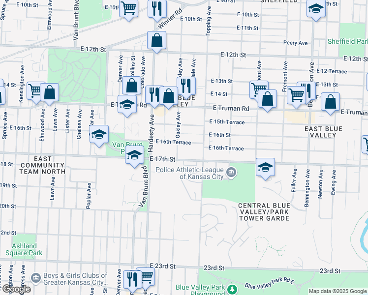 map of restaurants, bars, coffee shops, grocery stores, and more near 5611 East 16th Terrace in Kansas City
