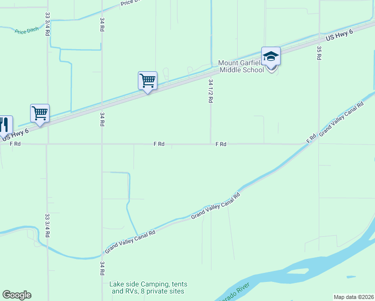 map of restaurants, bars, coffee shops, grocery stores, and more near 3447 F Road in Clifton