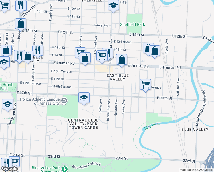 map of restaurants, bars, coffee shops, grocery stores, and more near 1612 Bennington Avenue in Kansas City