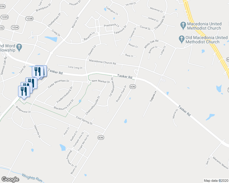 map of restaurants, bars, coffee shops, grocery stores, and more near 111 1st Manassas Place in Stephens City