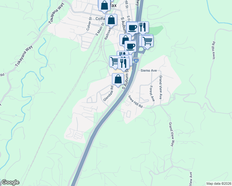 map of restaurants, bars, coffee shops, grocery stores, and more near 220 Glendale Road in Colfax