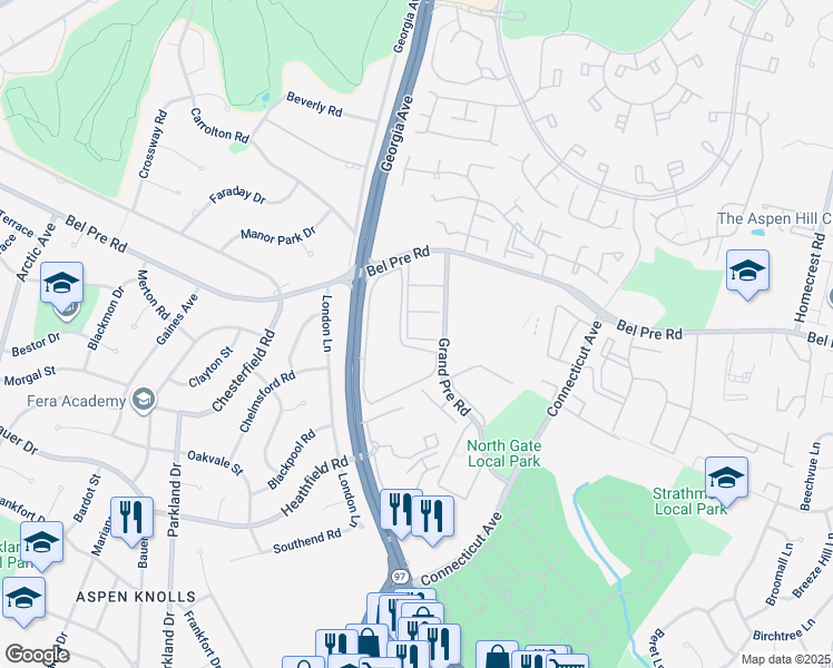map of restaurants, bars, coffee shops, grocery stores, and more near 3976 Bel Pre Road in Silver Spring