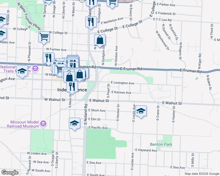map of restaurants, bars, coffee shops, grocery stores, and more near 119 South Pearl Street in Independence