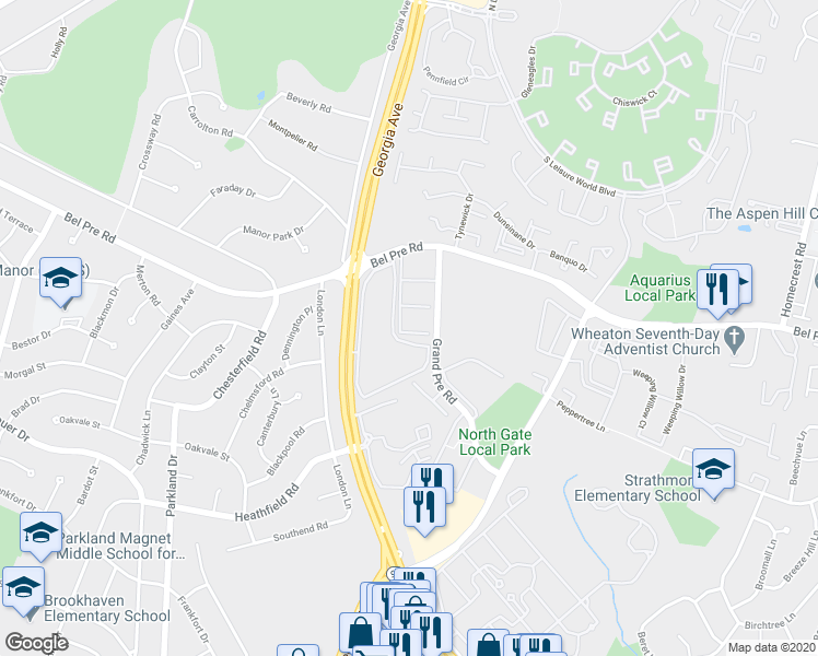 map of restaurants, bars, coffee shops, grocery stores, and more near 3976 Bel Pre Road in Silver Spring