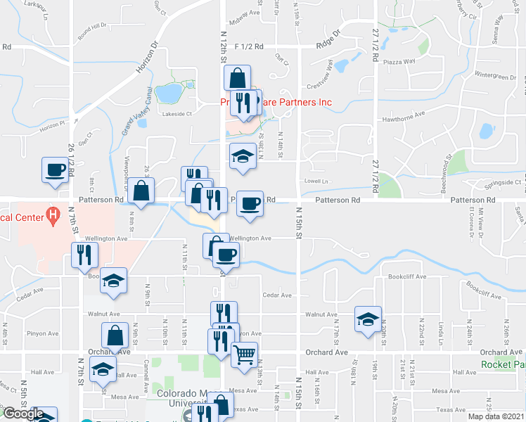 map of restaurants, bars, coffee shops, grocery stores, and more near 2715 Patterson Road in Grand Junction