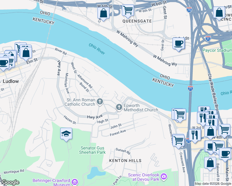 map of restaurants, bars, coffee shops, grocery stores, and more near 1228 Riverview Place in Covington