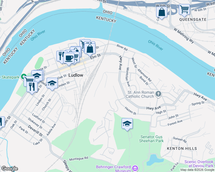 map of restaurants, bars, coffee shops, grocery stores, and more near 331 Hazen St in Ludlow