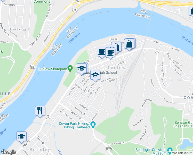 map of restaurants, bars, coffee shops, grocery stores, and more near 8 Cedar Alley in Ludlow