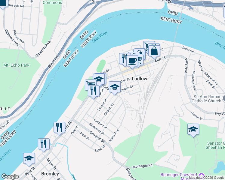 map of restaurants, bars, coffee shops, grocery stores, and more near 209 Adela Avenue in Ludlow